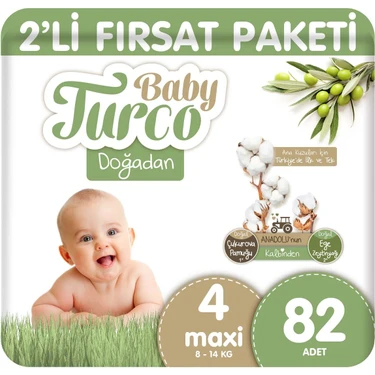 Baby Turco Doğadan 2'li Fırsat Paketi Bebek Bezi 4 Numara Maxi 82