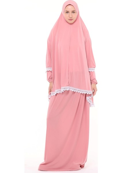 Kadın Iki Parça Likra Sandy Kumaş Dantelli Kollu Namaz Elbisesi-Pembe