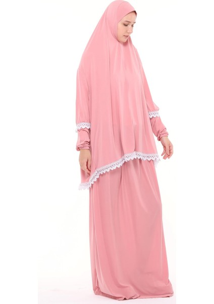 Kadın Iki Parça Likra Sandy Kumaş Dantelli Kollu Namaz Elbisesi-Pembe