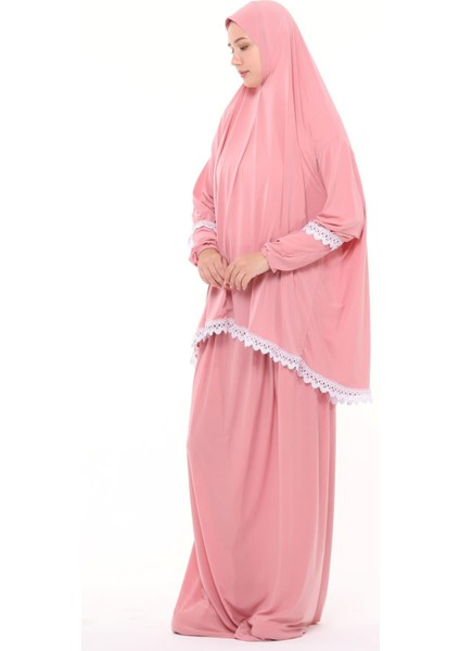 Kadın Iki Parça Likra Sandy Kumaş Dantelli Kollu Namaz Elbisesi-Pembe