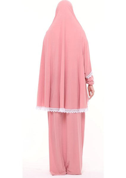 Kadın Iki Parça Likra Sandy Kumaş Dantelli Kollu Namaz Elbisesi-Pembe