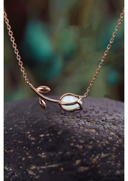 925 Ayar Gümüş Rose Kaplama Opal Taşlı Lale Kolye