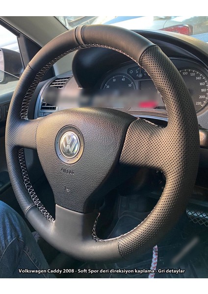 Volkswagen Caddy 2007-2010 Araca Özel Dikmeli Direksiyon Kılıfı (Bentley Nokta Gri Yüzüklü)