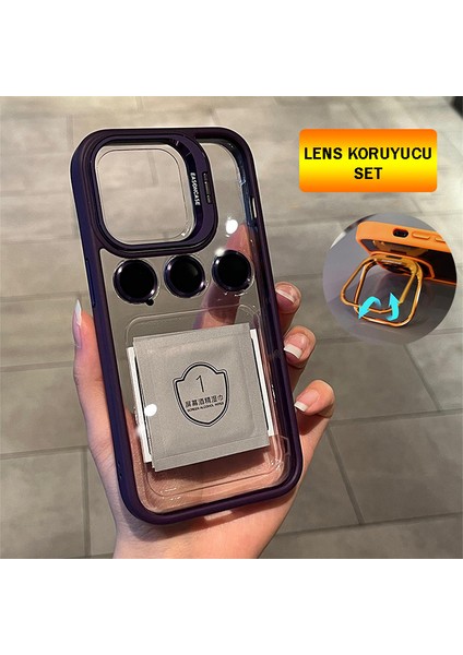 Apple iPhone 15 Pro Max Kılıf + Lens Koruyucu Stant Özellikli Kenarı Renkli Silikon Şeffaf