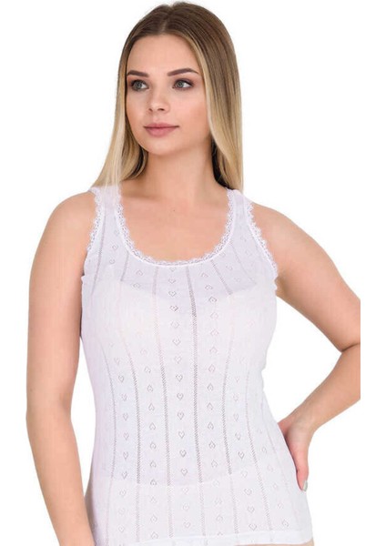 Kalp Desenli Yaka Dantelli Kalın Askılı Beyaz Atlet