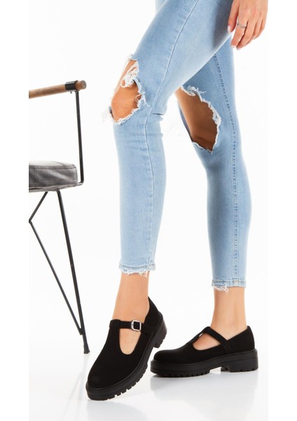 Kadın Süet Siyah Corcik Tokalı Anatomik Ayakkabı Iç Astar Deri