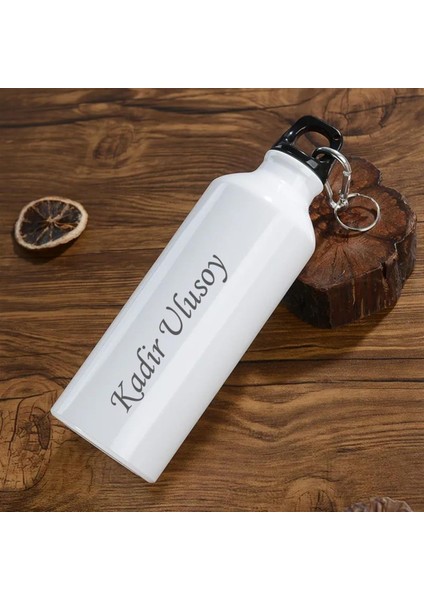 Kişiye Özel Atatürk Tasarımlı Kancalı Alüminyum Beyaz Su Matarası - 600MLT