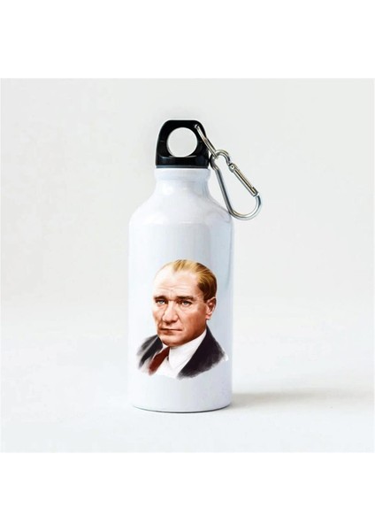 Kişiye Özel Atatürk Tasarımlı Kancalı Alüminyum Beyaz Su Matarası - 600MLT fiyatları