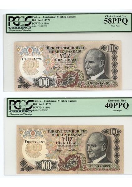 100 Lira 6. Emisyon 2. Tertip Pick # 189A *F90 Sarı Kağıt/beyaz Kağıt *takım Pcgs Sertifikalı