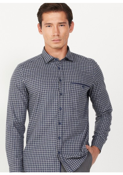 Slim Fit Klasik Yaka Lacivert - Gri Erkek Gömlek 4A2024100025