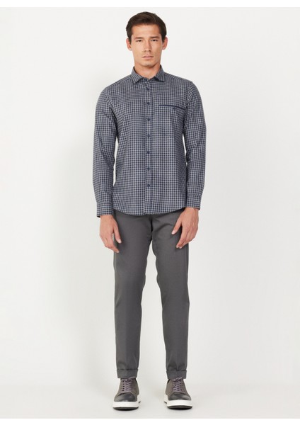 Slim Fit Klasik Yaka Lacivert - Gri Erkek Gömlek 4A2024100025