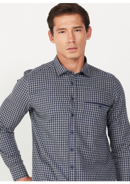 Slim Fit Klasik Yaka Lacivert - Gri Erkek Gömlek 4A2024100025