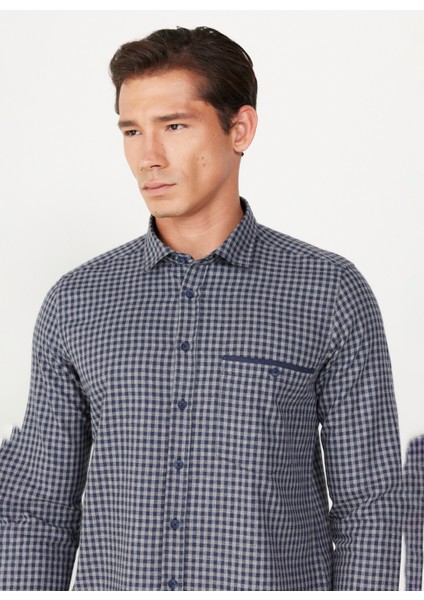 Slim Fit Klasik Yaka Lacivert - Gri Erkek Gömlek 4A2024100025