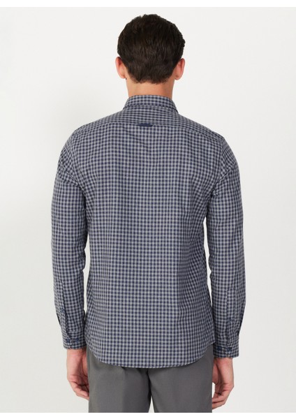 Slim Fit Klasik Yaka Lacivert - Gri Erkek Gömlek 4A2024100025