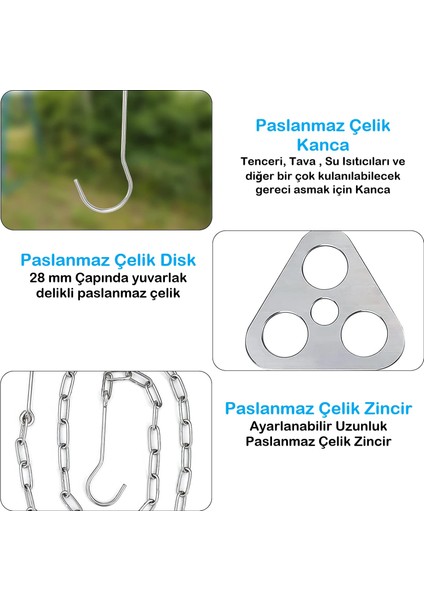 Duhalıne Paslanmaz Çelik Askı Kamp Tripodu Üç Ayaklı Halka, Zincirli ve Kancalı Kamp Tencere Askı Aparatı modelleri