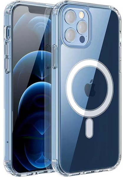 Apple iPhone 12 Pro Max Kılıf Magsafe Şarj Özellikli Şeffaf Sert Pc Embos Kapak