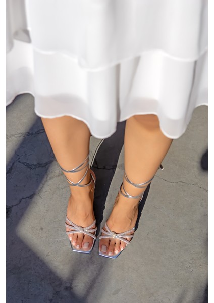 Hanne Silver Taş Detaylı Bağlamalı Kadın Topuklu Ayakkabı modelleri