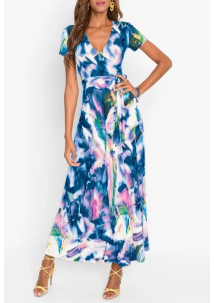 Kısa Kol Kruvaze Yaka Bağcıklı Çiçek Desenli Mavi Elbise fiyatları