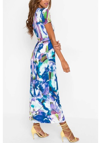 Kısa Kol Kruvaze Yaka Bağcıklı Çiçek Desenli Mavi Elbise indirimleri