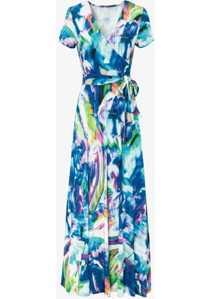 Kısa Kol Kruvaze Yaka Bağcıklı Çiçek Desenli Mavi Elbise fırsatları