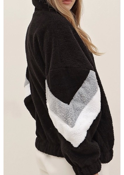 Siyah Kapüşonlu Fermuarlı Kolları Renk Bloklu Oversize Peluş Sweatshirt modelleri