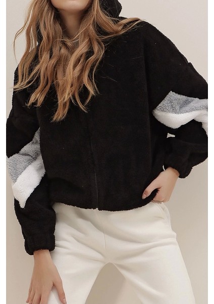 Siyah Kapüşonlu Fermuarlı Kolları Renk Bloklu Oversize Peluş Sweatshirt fırsatları