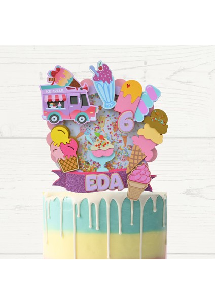 Cake Topper Dondurma Temalı Kız Çocuk Doğum Günü Süsü Dondurma Pasta Süsü Parti Malzemesi Cake Topper (19X21CM))