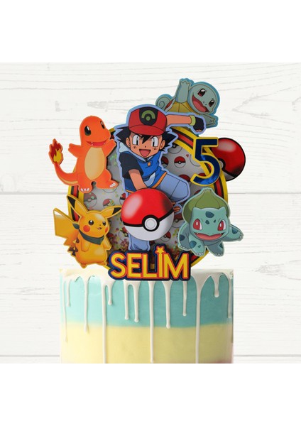 Cake Topper Pokemon Temalı Erkek Çocuk Doğum Günü Süsü Pokemon Kişiye Özel Pasta Süsü Parti Malzemesi Cake Topper (22X20CM)