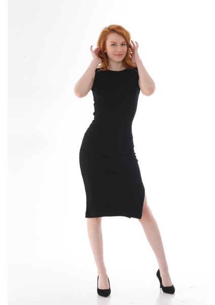 Siyah Vücuda Oturan Kolsuz Bisiklet Yaka Diz Altı Yırtmaçlı Fitilli Esnek Örme Kalem Elbise fiyatları