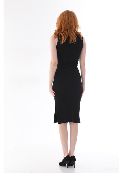 Siyah Vücuda Oturan Kolsuz Bisiklet Yaka Diz Altı Yırtmaçlı Fitilli Esnek Örme Kalem Elbise fırsatları