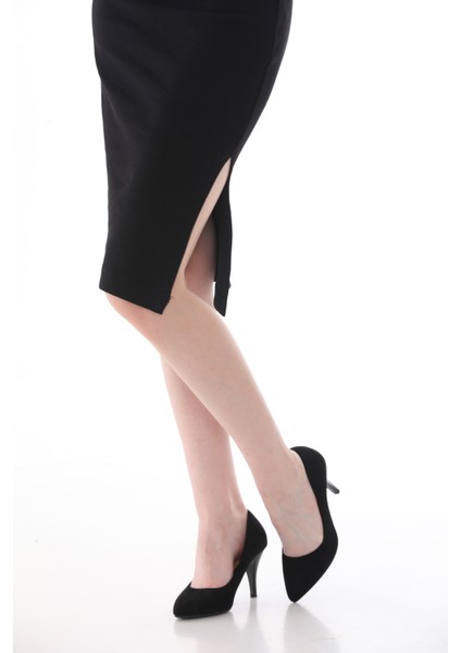 Siyah Vücuda Oturan Kolsuz Bisiklet Yaka Diz Altı Yırtmaçlı Fitilli Esnek Örme Kalem Elbise indirimleri