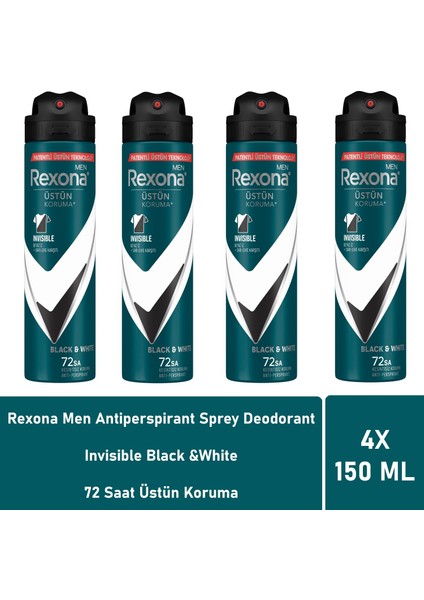 Men Deodorant Invisible Black White 150 ml - 4'lü Paket