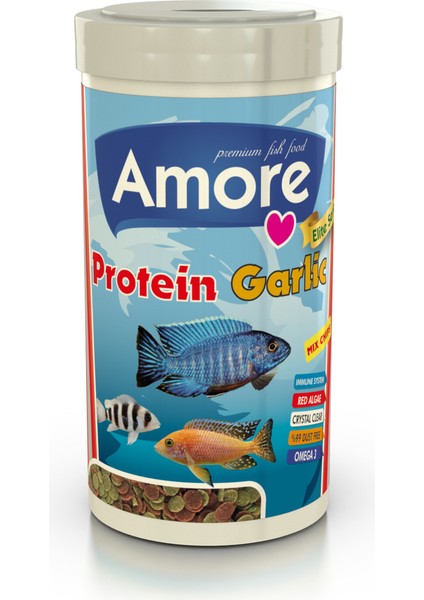 Cichlid Mix Granulat 3 kg Kova, Amore Elite Protein Garlic ve Protein Chips 250ML Kutu Balık Yemi