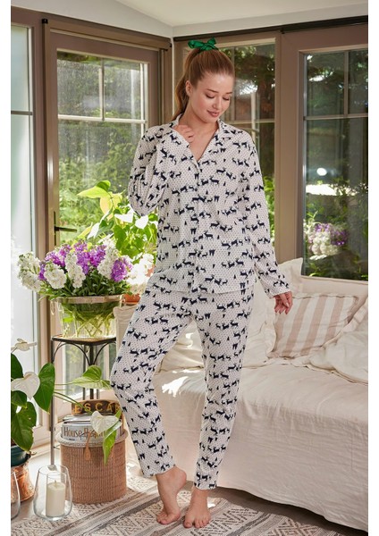 Kadın Geyik Desenli Düğmeli Pijama Takımı fiyatları