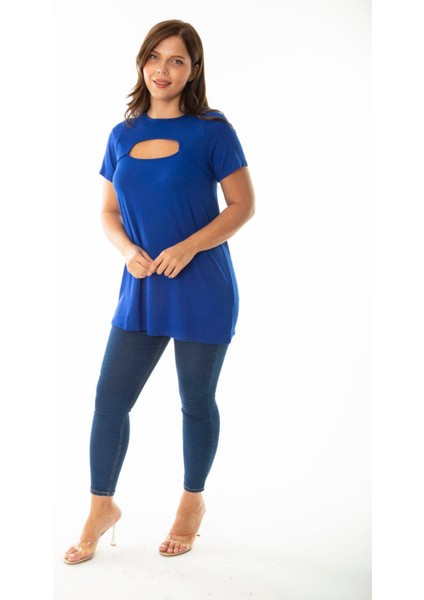 Kadın Büyük Beden Saks Göğüs Detaylı Bluz 65N36925