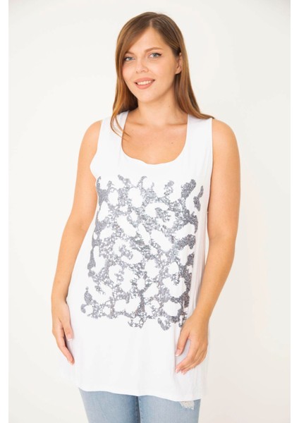 Kadın Büyük Beden Beyaz Payet Detaylı Uzun Kolsuz Bluz 65N36931