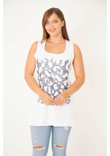 Kadın Büyük Beden Beyaz Payet Detaylı Uzun Kolsuz Bluz 65N36931 modelleri