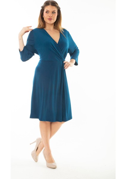 Kadın Büyük Beden Mor Anvelop Yakalı Kapri Kollu Elbise 65N37067 indirimleri