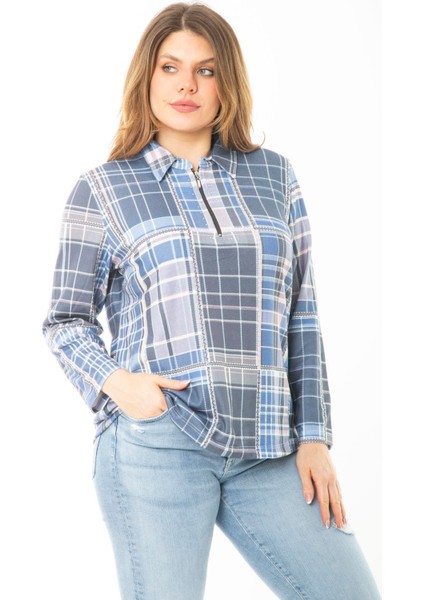 Kadın Büyük Beden Mavi Ön Patı Taş ve Fermuar Detaylı Ekose Desenli Bluz 65N37120