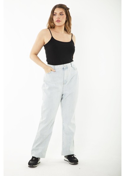 Kadın Büyük Beden Mavi Yıkama Efektli Yüksek Bel Kot Pantolon 65N37246 fiyatları