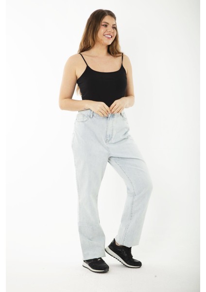 Kadın Büyük Beden Mavi Yıkama Efektli Yüksek Bel Kot Pantolon 65N37246 fırsatları