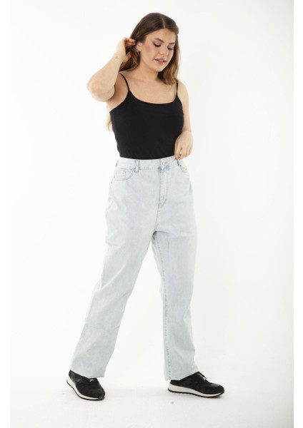 Kadın Büyük Beden Mavi Yıkama Efektli Yüksek Bel Kot Pantolon 65N37246 indirimleri