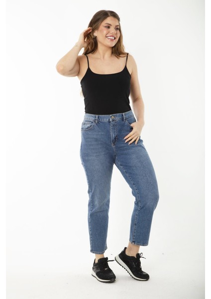 Kadın Büyük Beden Lacivert 5 Cepli Yüksek Bel Kot Pantolon 65N37252 fiyatları