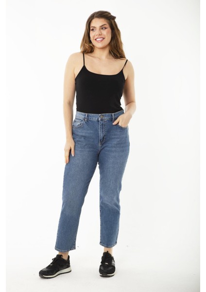 Kadın Büyük Beden Lacivert 5 Cepli Yüksek Bel Kot Pantolon 65N37252 indirimleri