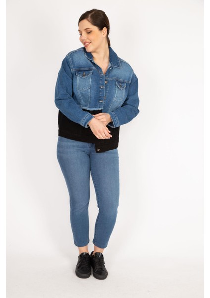 Kadın Mavi Büyük Beden İki Renkli Kot Mont fırsatları