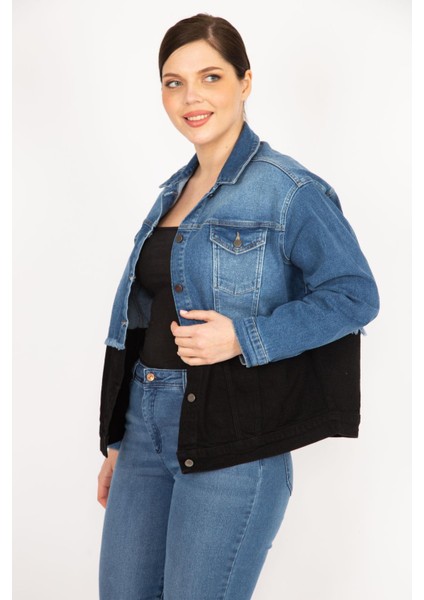 Kadın Mavi Büyük Beden İki Renkli Kot Mont indirimleri