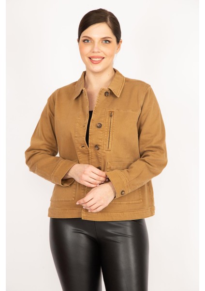 Kadın Taba Büyük Beden Gabardin Kumaş Ön Düğmeli Fermuar Ve Cep Detaylı Mont modelleri