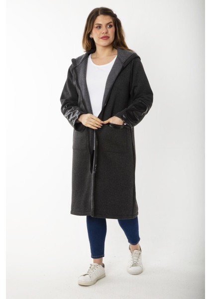 Kadın Büyük Beden Füme Ön Fermuarlı Kapşonlu Astarsız Suni Deri Garnili Kaban 65N37179 fiyatları