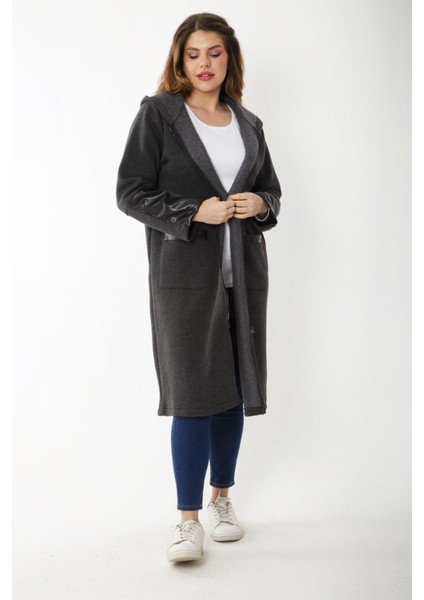 Kadın Büyük Beden Füme Ön Fermuarlı Kapşonlu Astarsız Suni Deri Garnili Kaban 65N37179 modelleri