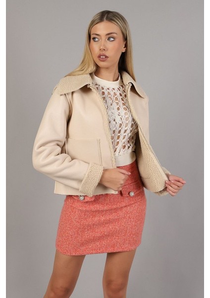 Lamine Deri Iç Kürklü Fermuarlı Mont - Açık Taş